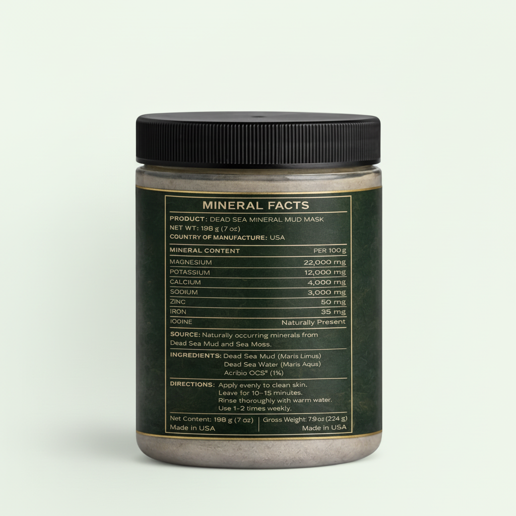 Musble Dead Sea Mud verso com informações nutricionais e fundo verde claro