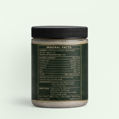 Musble Dead Sea Mud verso com informações nutricionais e fundo verde claro