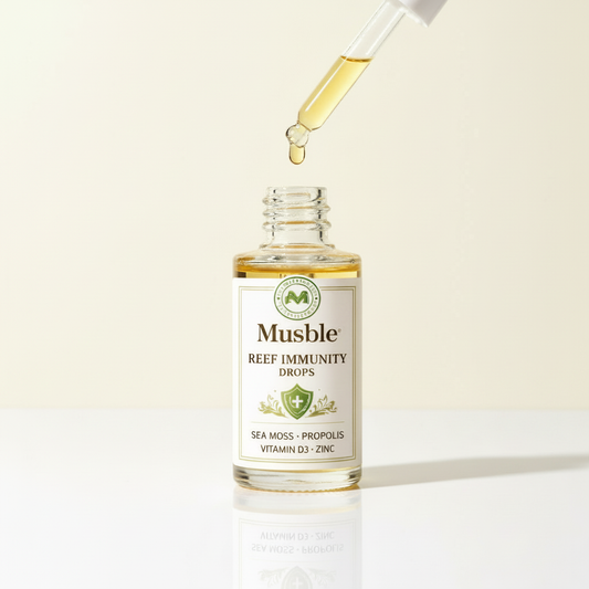 Reef Immunity Drops com conta-gotas e fundo amarelo claro